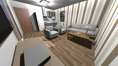 Vizualizace obývacího pokoje s kuchyní mobilního domu Eleanor
